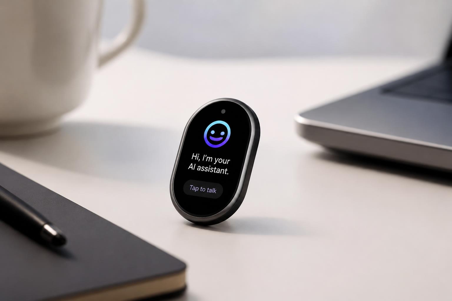 Best AI assistant device shown on a desk next to a laptop